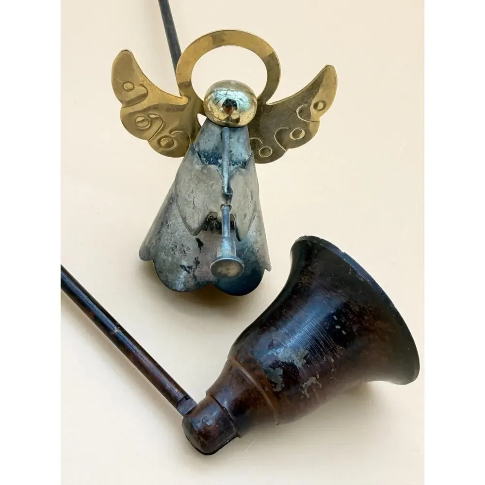 Candle Snuffer Set Angel Figural Brass Metal Vintage Fireplace Decor 14.5in 10.5
